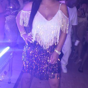 Sm. BANJUL blue, gold & pearl white sequin dress